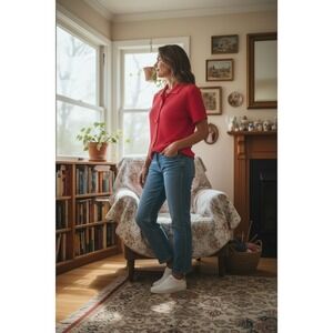 Lady‎ Dorby Top Womens XXL Red Mesh Weave S/S Collared Leaf buttons Grandmacore